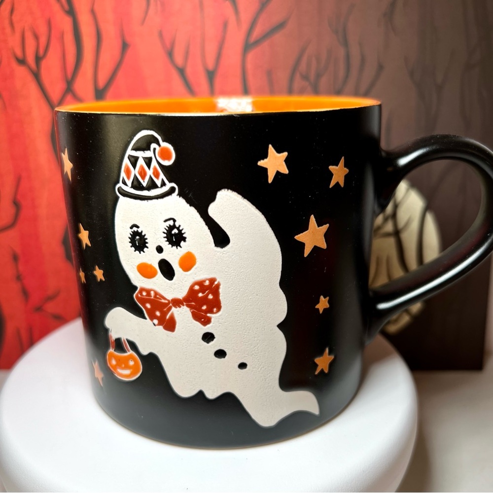 Halloween Fun Party Vintage Ghost Mug with Orange Interior Ceramic Hat Pail